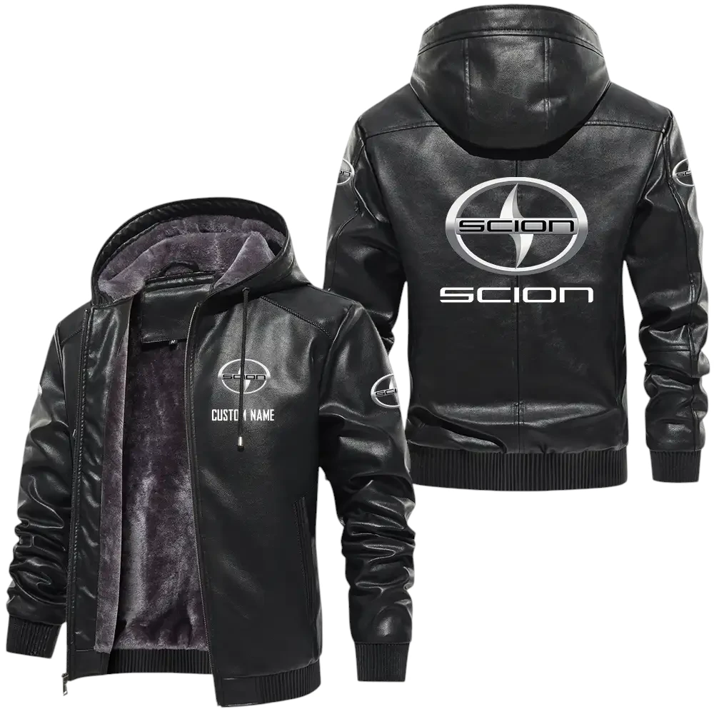 Scion PU Leather Hooded Jacket, Mens Durable Windproof Keep Warm Soft Velvet Lined Jacket, Custom Name HG060325Y24LJH1SCI