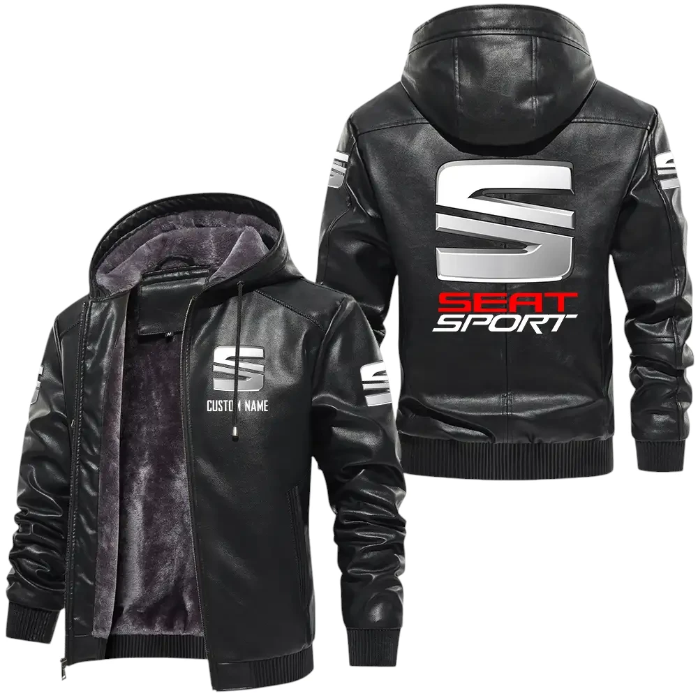 SEAT PU Leather Hooded Jacket, Mens Durable Windproof Keep Warm Soft Velvet Lined Jacket, Custom Name HG060325Y24LJH1SEA