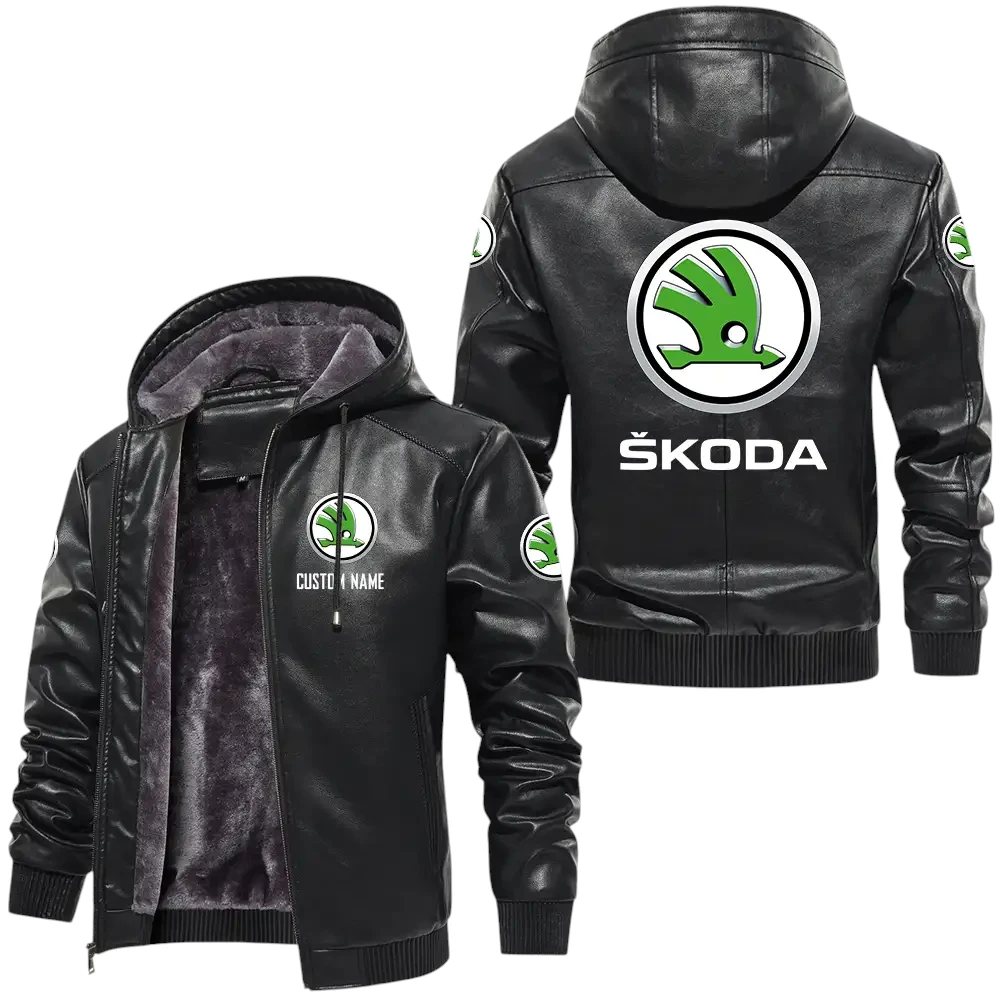 Skoda PU Leather Hooded Jacket, Mens Durable Windproof Keep Warm Soft Velvet Lined Jacket, Custom Name HG060325Y24LJH1SKO