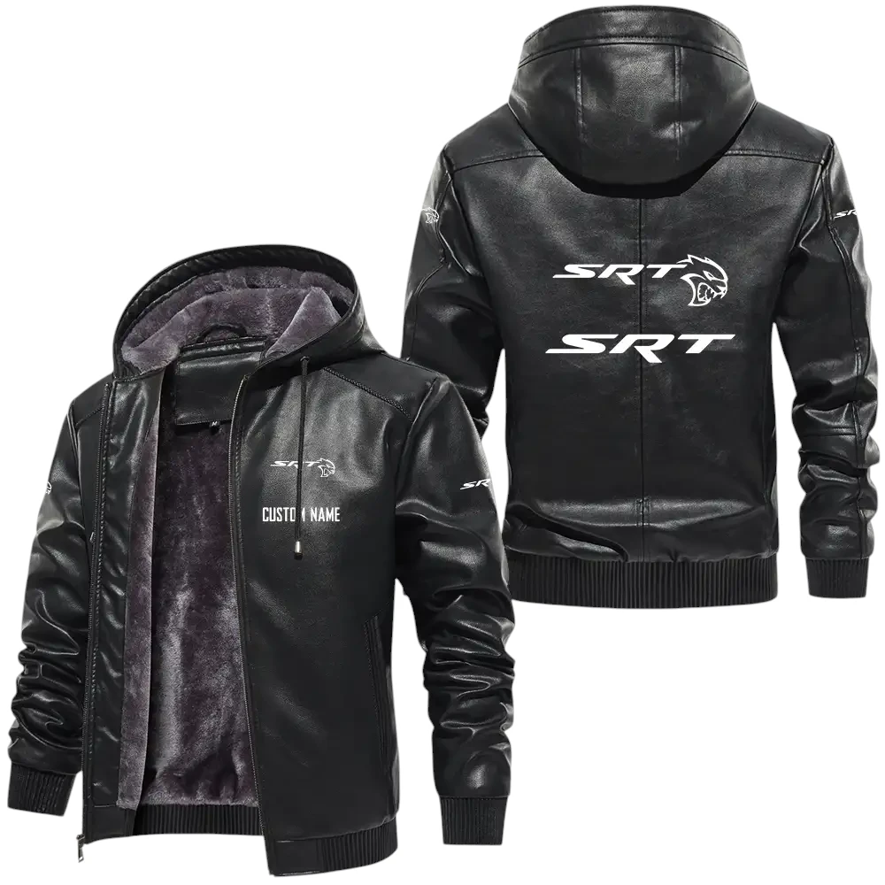 SRT PU Leather Hooded Jacket, Mens Durable Windproof Keep Warm Soft Velvet Lined Jacket, Custom Name HG060325Y24LJH1SRT