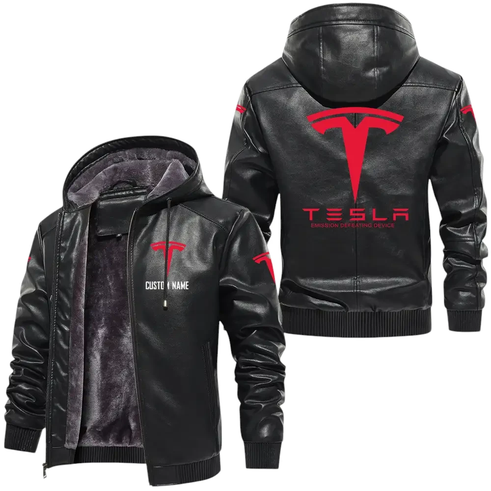 Tesla Motors PU Leather Hooded Jacket, Mens Durable Windproof Keep Warm Soft Velvet Lined Jacket, Custom Name HG060325Y24LJH1TES
