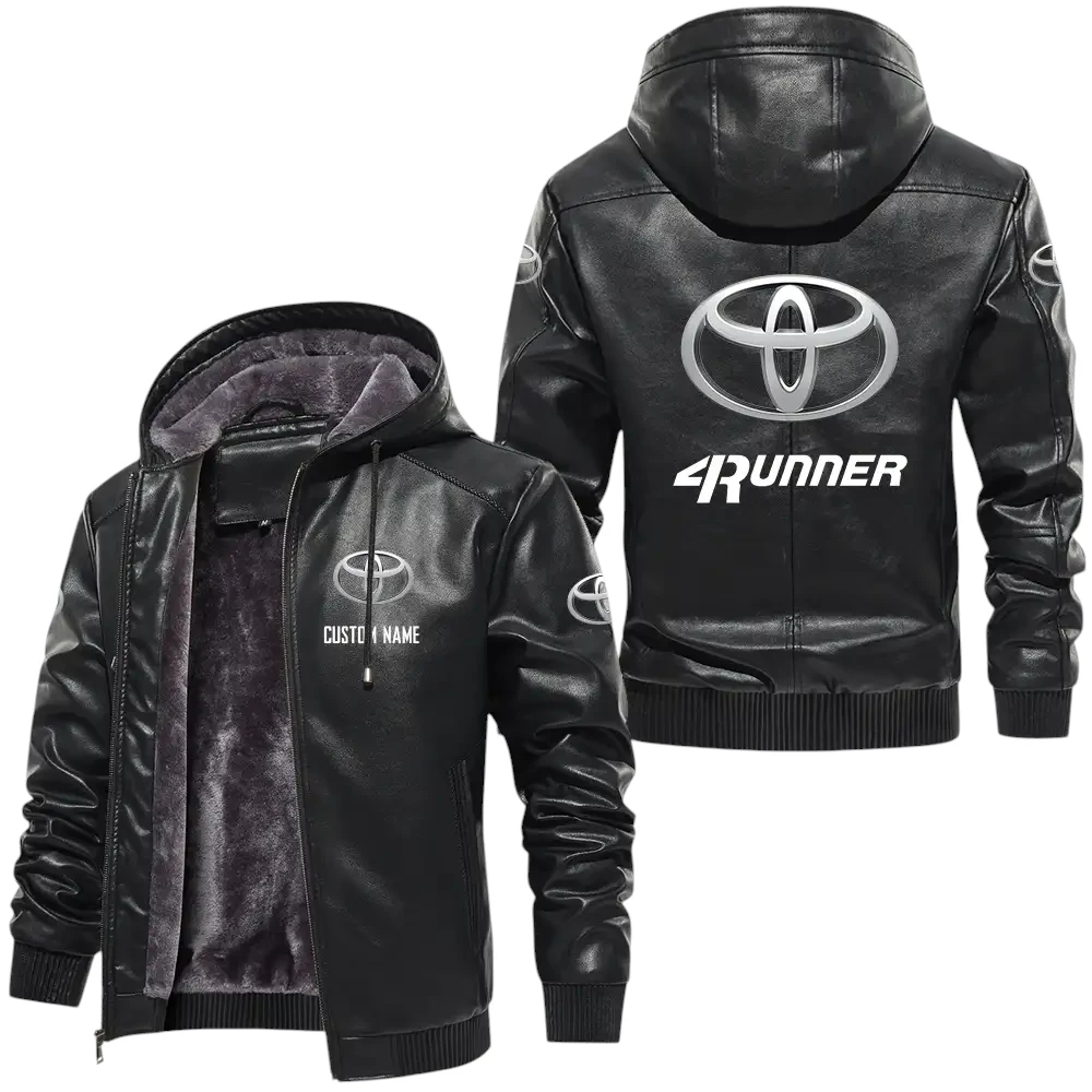 Toyota 4runner PU Leather Hooded Jacket, Mens Durable Windproof Keep Warm Soft Velvet Lined Jacket, Custom Name HG060325Y24LJH1TO4