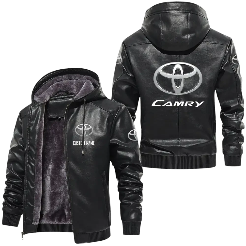 Toyota Camry PU Leather Hooded Jacket, Mens Durable Windproof Keep Warm Soft Velvet Lined Jacket, Custom Name HG060325Y24LJH1TOC