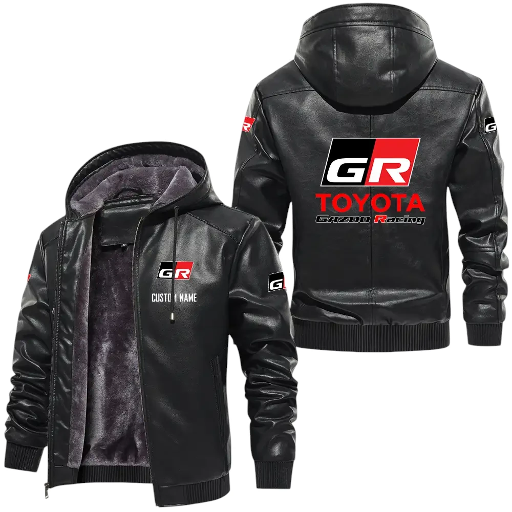 Toyota Gazoo Racing PU Leather Hooded Jacket, Mens Durable Windproof Keep Warm Soft Velvet Lined Jacket, Custom Name HG060325Y24LJH1TGR