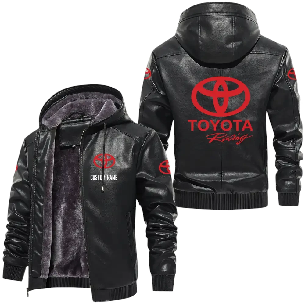 Toyota Racing PU Leather Hooded Jacket, Mens Durable Windproof Keep Warm Soft Velvet Lined Jacket, Custom Name HG060325Y24LJH1TOR