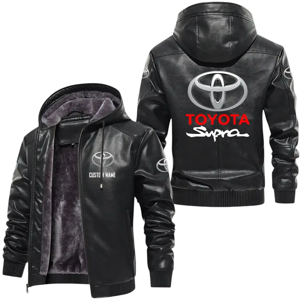 Toyota Supra PU Leather Hooded Jacket, Mens Durable Windproof Keep Warm Soft Velvet Lined Jacket, Custom Name HG060325Y24LJH1TOS