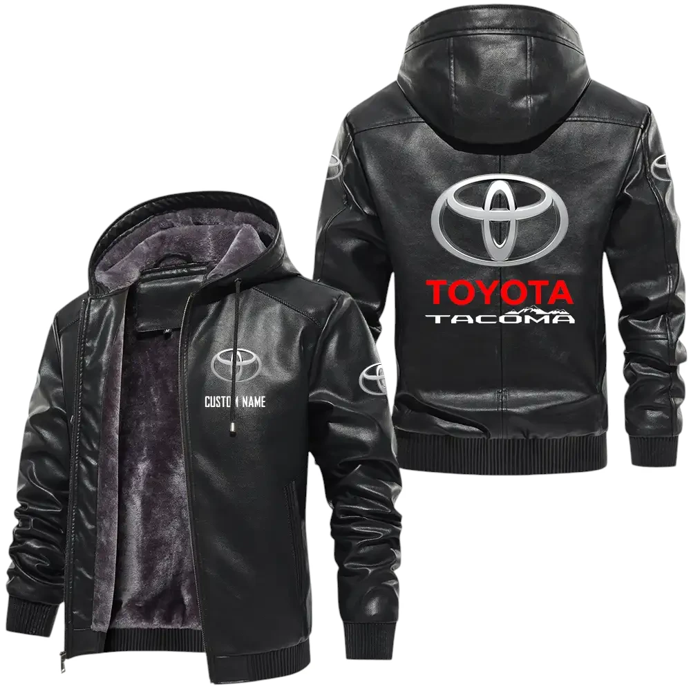 Toyota Tacoma PU Leather Hooded Jacket, Mens Durable Windproof Keep Warm Soft Velvet Lined Jacket, Custom Name HG060325Y24LJH1TOT