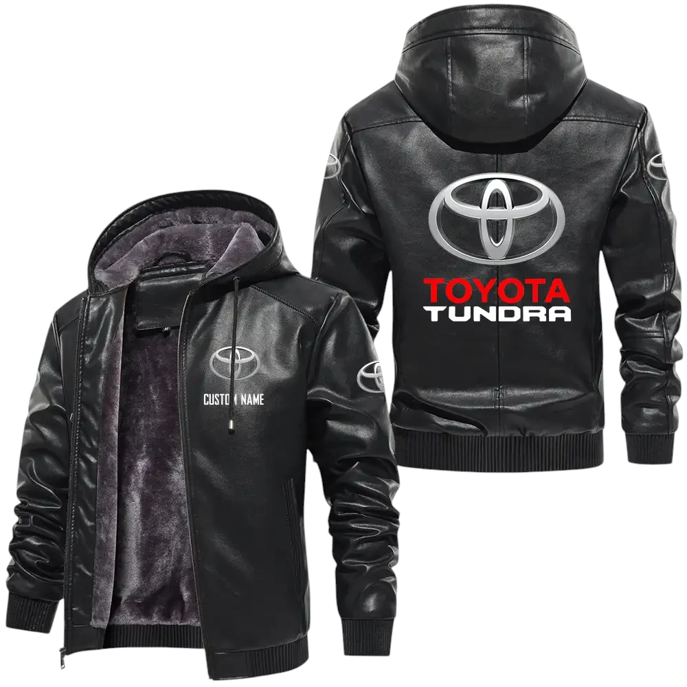 Toyota Tundra PU Leather Hooded Jacket, Mens Durable Windproof Keep Warm Soft Velvet Lined Jacket, Custom Name HG060325Y24LJH1TTA