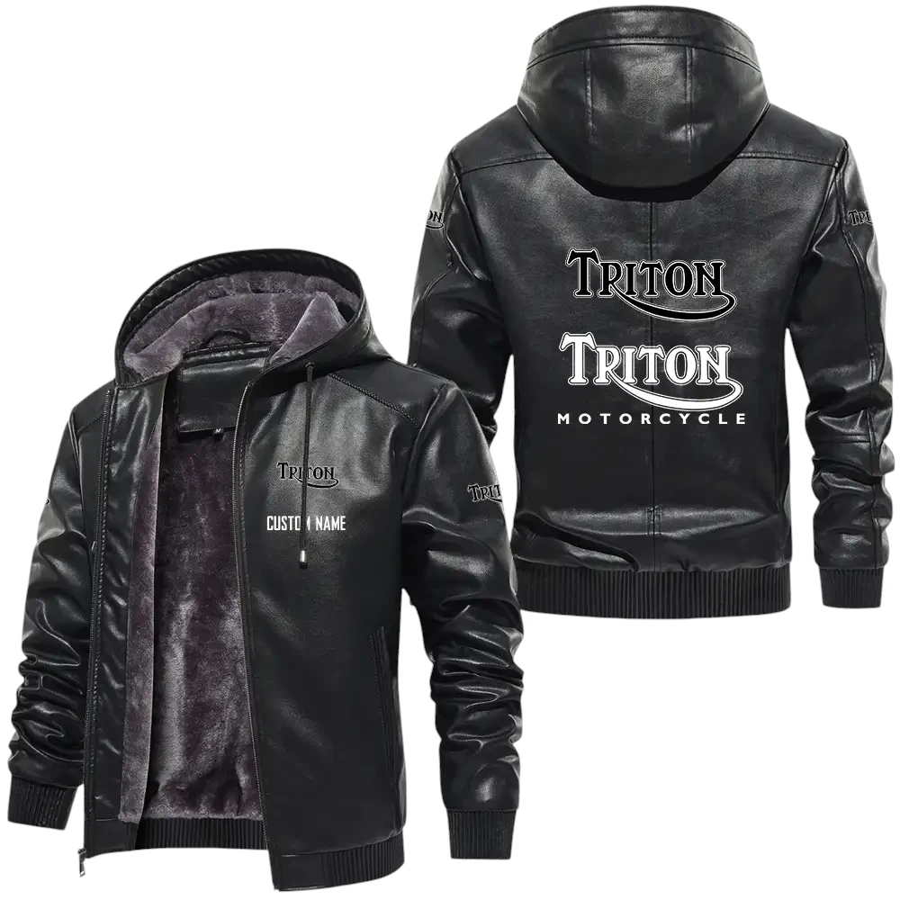 Triton PU Leather Hooded Jacket, Mens Durable Windproof Keep Warm Soft Velvet Lined Jacket, Custom Name HG060325Y24LJH1TRI