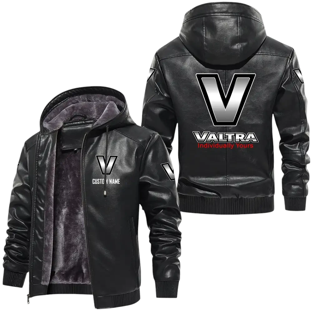 Valtra PU Leather Hooded Jacket, Mens Durable Windproof Keep Warm Soft Velvet Lined Jacket, Custom Name HG060325Y24LJH1VAL