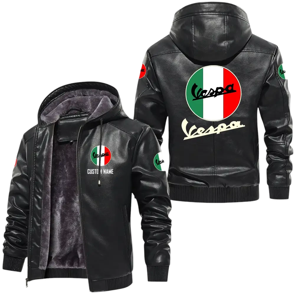 Vespa PU Leather Hooded Jacket, Mens Durable Windproof Keep Warm Soft Velvet Lined Jacket, Custom Name HG060325Y24LJH1VES