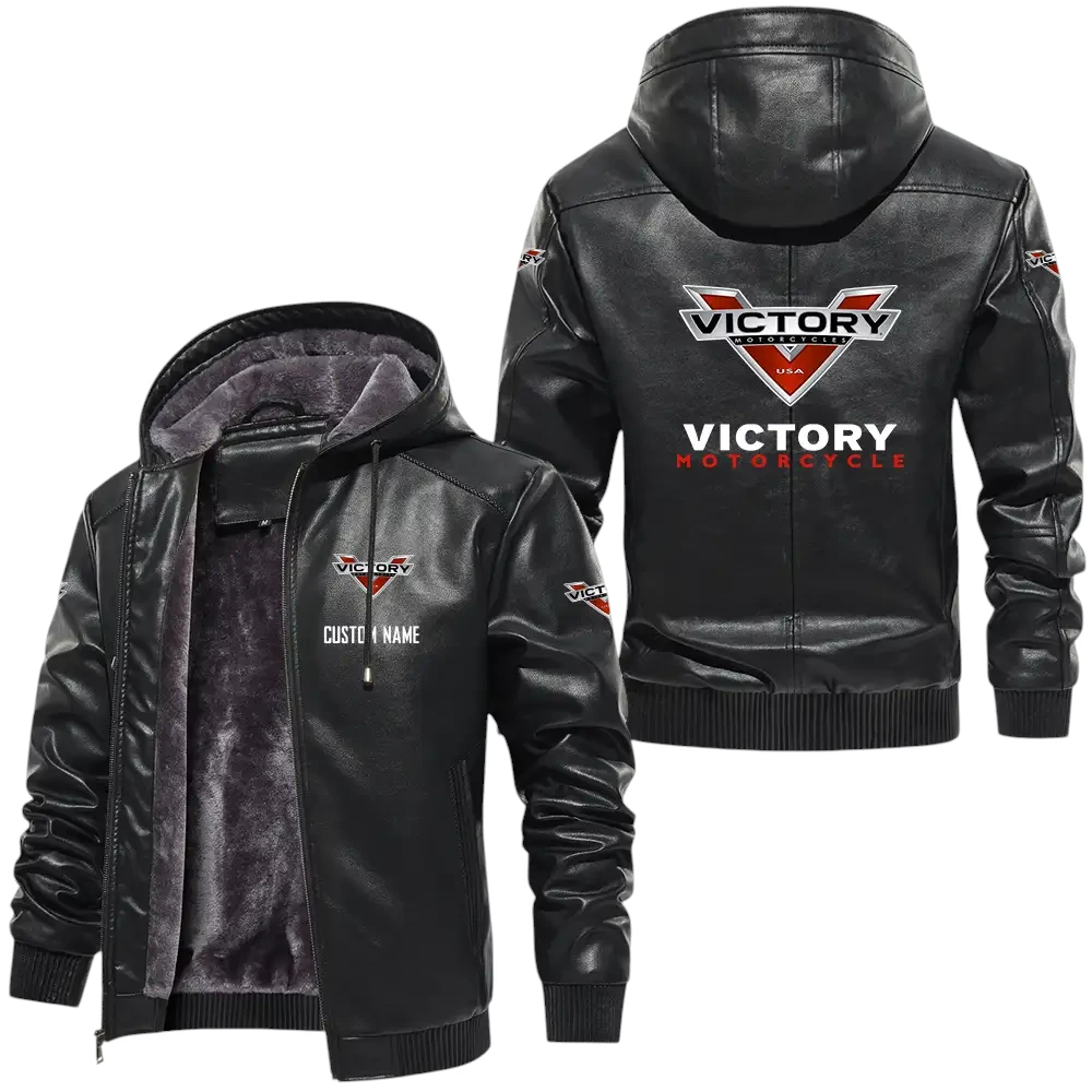 Victory Motorcycles PU Leather Hooded Jacket, Mens Durable Windproof Keep Warm Soft Velvet Lined Jacket, Custom Name HG060325Y24LJH1VIC