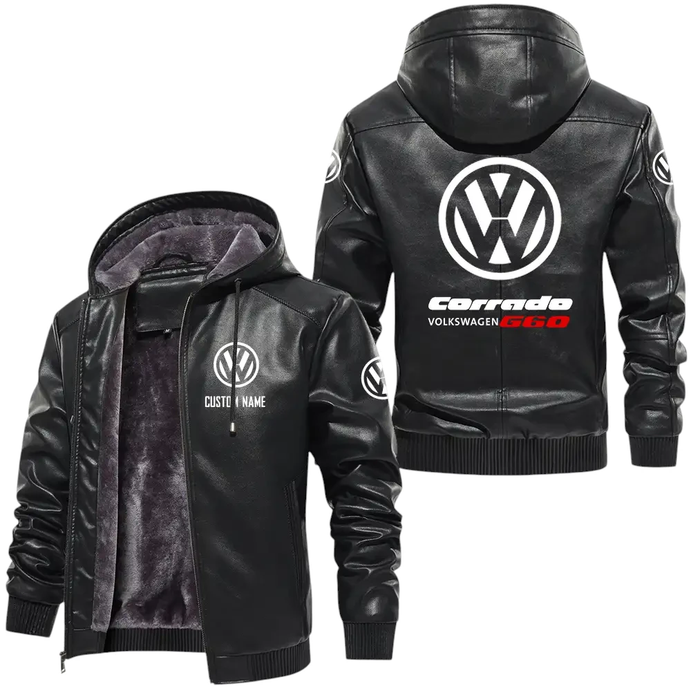 Volkswagen Corrado G60 PU Leather Hooded Jacket, Mens Durable Windproof Keep Warm Soft Velvet Lined Jacket, Custom Name HG060325Y24LJH1VOG