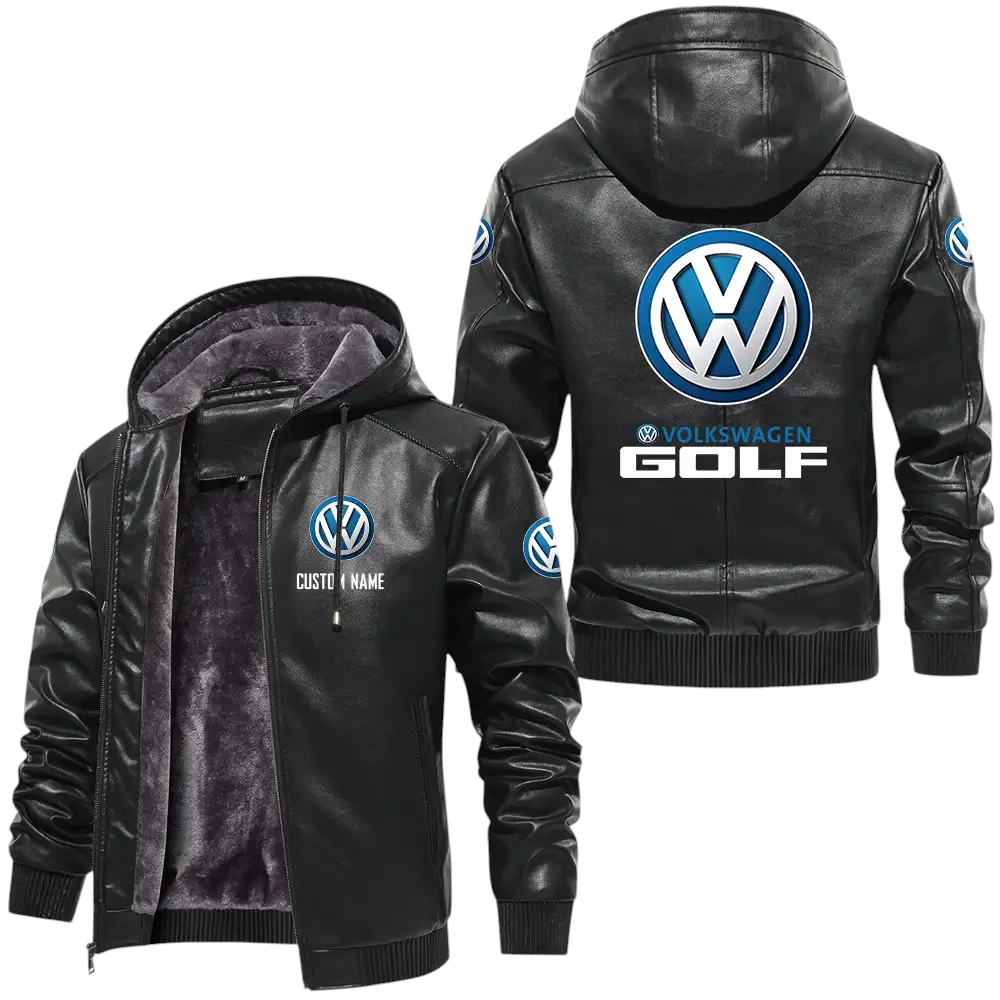 Volkswagen Golf PU Leather Hooded Jacket, Mens Durable Windproof Keep Warm Soft Velvet Lined Jacket, Custom Name HG060325Y24LJH2VOG