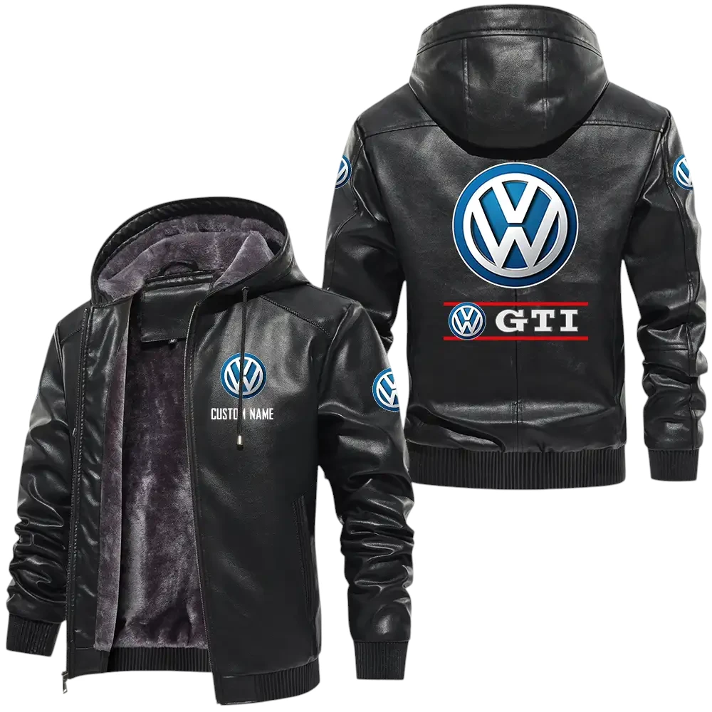 Volkswagen Gti PU Leather Hooded Jacket, Mens Durable Windproof Keep Warm Soft Velvet Lined Jacket, Custom Name HG060325Y24LJH1GTI