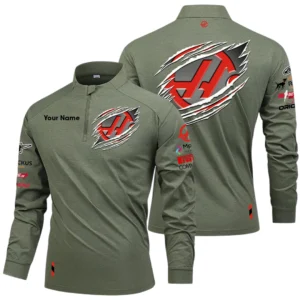 MoneyGram Haas F1 Team Racing Long Sleeve Shirt, Stand Collar Quarter Zip-up Custom Name HIDI140525Y49LMT05MGH2