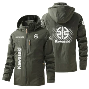 Kawasaki Motors Windbreaker Jacket Hooded Warm Lining Waterproof Custom Name