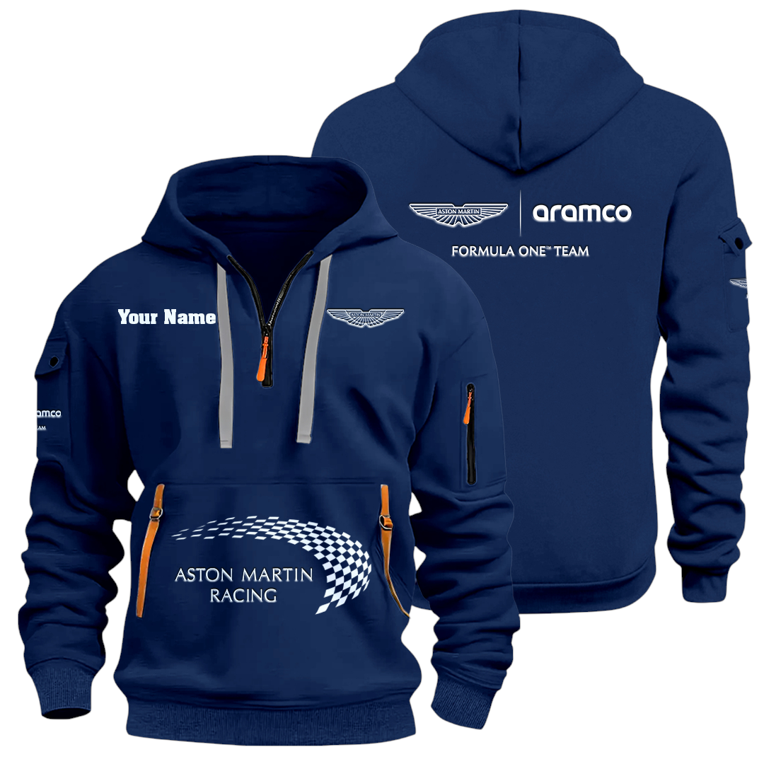 Aston Martin Racing Half Zip Hoodie Sports Hooded Multi-Pockets Custom Name Aston Martin Racing Half Zip Hoodie Sports Hooded Multi-Pockets Custom Name