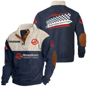 MoneyGram Haas F1 Team Racing Exclusive Logo Knitted Ribbed Corduroy Sweatshirt Stand Collar Custom Name