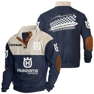 Husqvarna Motorcycles Exclusive Logo Knitted Ribbed Corduroy Sweatshirt Stand Collar Custom Name