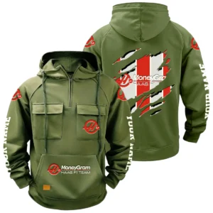 MoneyGram Haas F1 Team Racing Quarter Zip Hoodie Multi-Pockets Custom Name