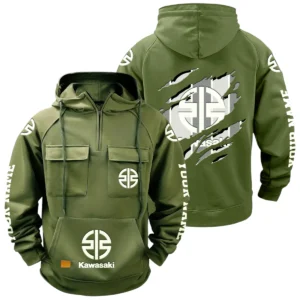Kawasaki Motors Quarter Zip Hoodie Multi-Pockets Custom Name