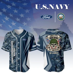 Ford Performance Racing x US Navy 250th Anniversary 3D Baseball Jersey Custom Your Name