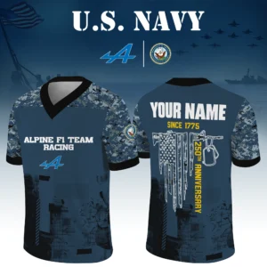 Alpine F1 Team Racing x US Navy 250th Anniversary V-Neck Short Sleeve Jersey 3D Limited 2026 Custom Your Name