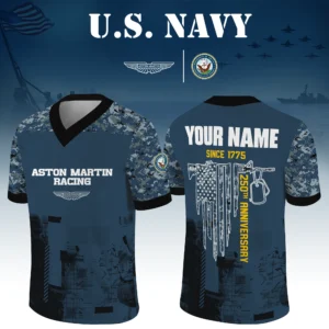 Aston Martin Racing x US Navy 250th Anniversary V-Neck Short Sleeve Jersey 3D Limited 2026 Custom Your Name