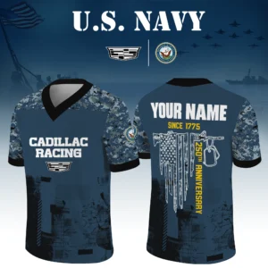 Cadillac Racing x US Navy 250th Anniversary V-Neck Short Sleeve Jersey 3D Limited 2026 Custom Your Name