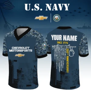 Chevrolet Motorsports x US Navy 250th Anniversary V-Neck Short Sleeve Jersey 3D Limited 2026 Custom Your Name