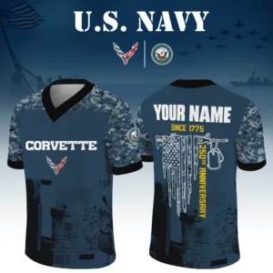 Corvette x US Navy 250th Anniversary V-Neck Short Sleeve Jersey 3D Limited 2026 Custom Your Name