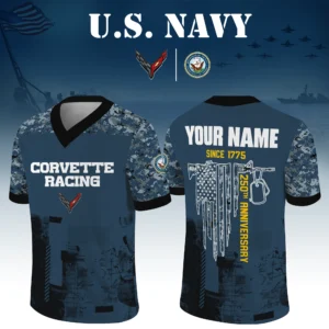 Corvette Racing x US Navy 250th Anniversary V-Neck Short Sleeve Jersey 3D Limited 2026 Custom Your Name