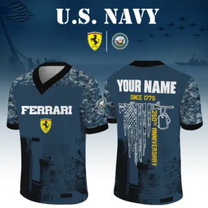 Ferrari x US Navy 250th Anniversary V-Neck Short Sleeve Jersey 3D Limited 2026 Custom Your Name