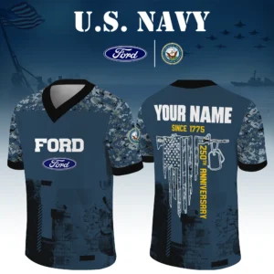 Ford x US Navy 250th Anniversary V-Neck Short Sleeve Jersey 3D Limited 2026 Custom Your Name