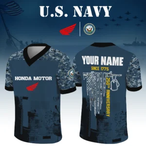 Honda Motor x US Navy 250th Anniversary V-Neck Short Sleeve Jersey 3D Limited 2026 Custom Your Name