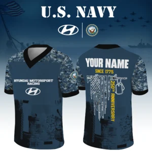 Hyundai Motorsport Racing x US Navy 250th Anniversary V-Neck Short Sleeve Jersey 3D Limited 2026 Custom Your Name