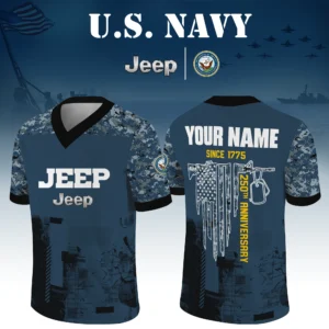 Jeep x US Navy 250th Anniversary V-Neck Short Sleeve Jersey 3D Limited 2026 Custom Your Name