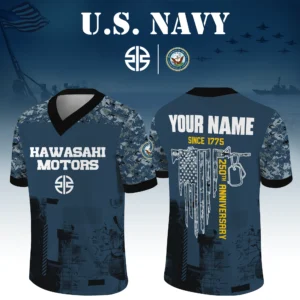 Kawasaki Motors x US Navy 250th Anniversary V-Neck Short Sleeve Jersey 3D Limited 2026 Custom Your Name