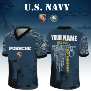 Porsche x US Navy 250th Anniversary V-Neck Short Sleeve Jersey 3D Limited 2026 Custom Your Name