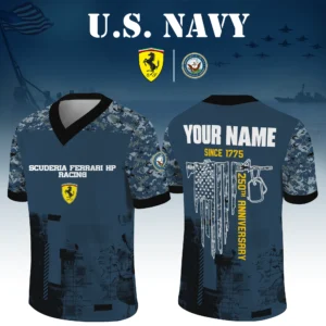 Scuderia Ferrari HP Racing x US Navy 250th Anniversary V-Neck Short Sleeve Jersey 3D Limited 2026 Custom Your Name