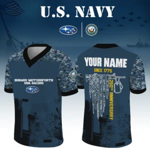 Subaru Motorsports USA Racing x US Navy 250th Anniversary V-Neck Short Sleeve Jersey 3D Limited 2026 Custom Your Name