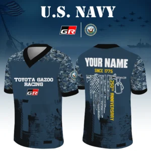 Toyota Gazoo Racing x US Navy 250th Anniversary V-Neck Short Sleeve Jersey 3D Limited 2026 Custom Your Name