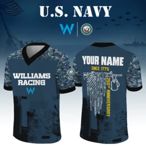 Williams Racing x US Navy 250th Anniversary V-Neck Short Sleeve Jersey 3D Limited 2026 Custom Your Name