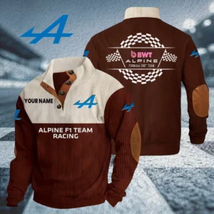 Alpine F1 Team Racing Knitted Ribbed Corduroy Sweatshirt Stand Collar Custom Your Name